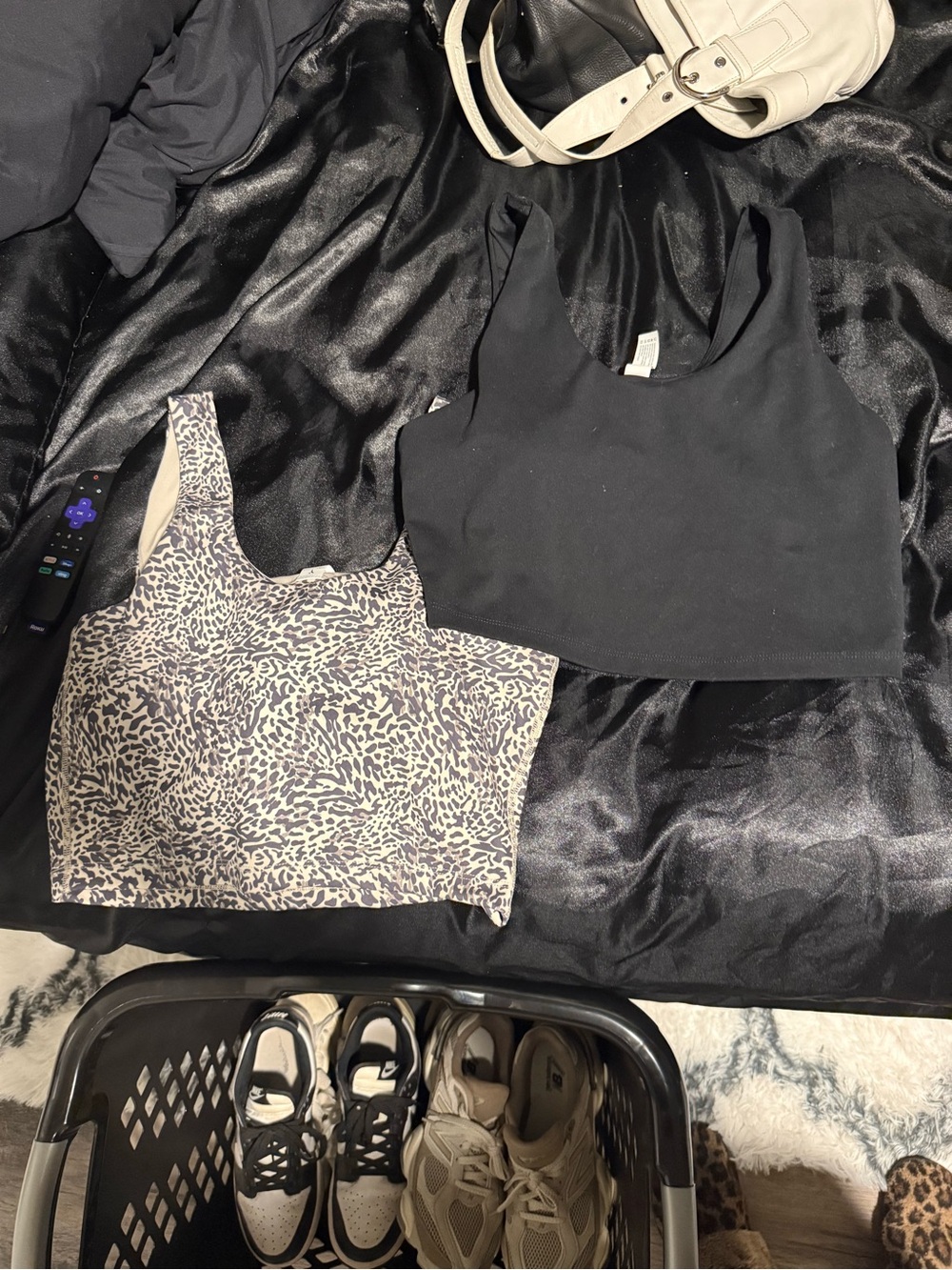 Yogalicious Black Racerback Crop Top and Beige/Black Print Sports Bra Set